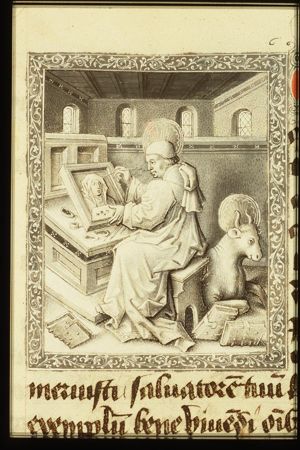 The Evangelist St. Luke with his symbol the ox, painting the portrait of Mary and the Christ-child