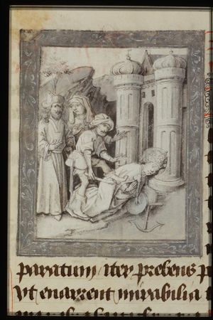 The martyrdom of St. Clement: he is thrown off a cliff, an anchor and a mill stone tied to his neck