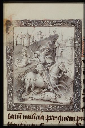 St. George on horseback fighting the dragon; the princess nearby with a sheep; the king and queen watching the scene from the city-walls