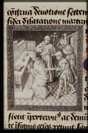 The martyrdom of St. Thomas Becket of Canterbury: he is stabbed before the altar