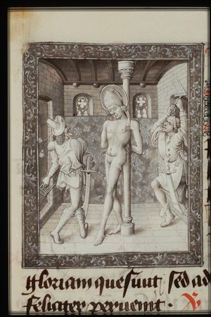 The martyrdom of St. Blaise (Blasius), Bishop of Sebaste: his flesh is torn with iron combs