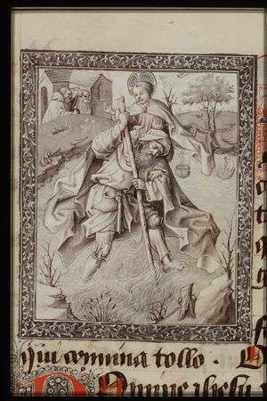St. Christopher carries the Christ-child, a hermit guiding him with a lamp