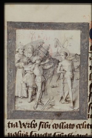 The martyrdom of St. Sebastian: tied to a tree, he is pierced by arrows