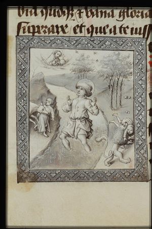 St. Eustace of Rome crossing a river, his two sons are seized by a wolf and a lion