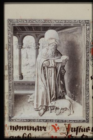 St. Antony Abbot of Egypt holding a T-shaped staff and a book, with two pigs