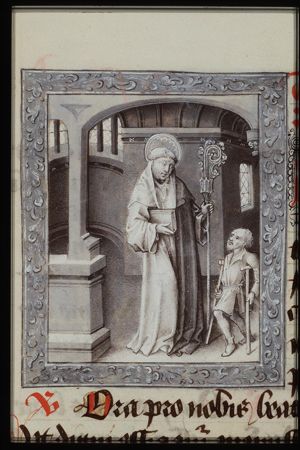 St. Maurus of Glanfeuil holding a book and a staff, with a cripple standing before him