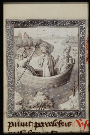 St. Julian the Hospitaller and his wife ferry Christ across the river in a boat