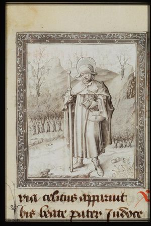 St. Judoc of Ponthieu as a pilgrim holding a staff and a book