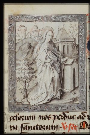 St. Barbara holding a palm, before the tower