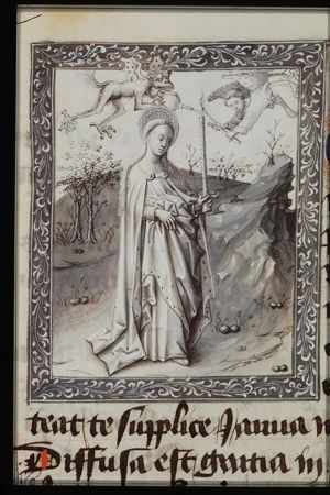 A demon blows out the candle of St. Genevieve (with bellows); an angel relights it