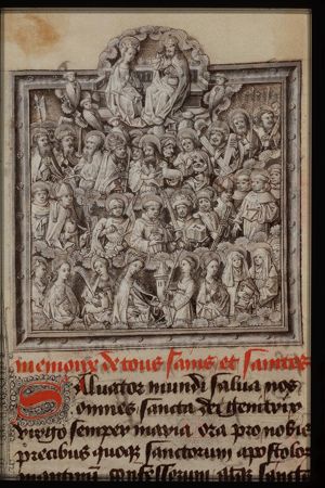 Mary and God enthroned in heaven amidst saints (All Saints)