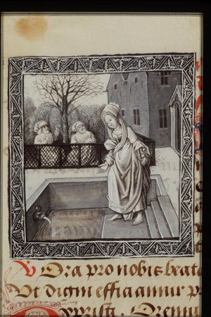 The two elders spy upon Susanna walking in the garden