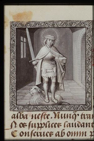 St. Adrian of Nicomedia holding a sword and an anvil, standing on a lion