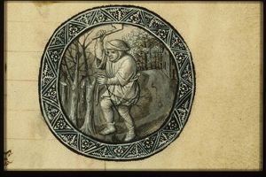 February: a man chopping wood