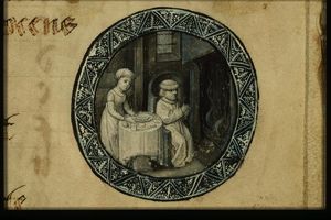 January: a man dining and warming himself at a fire