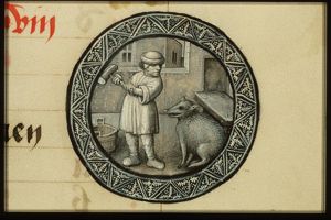 December: a man slaughtering a pig