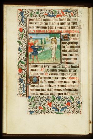 The martyrdom of St. Sebastian: tied to a tree, he is pierced by arrows