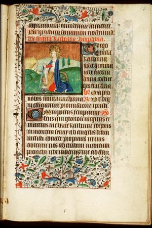 St. Catherine of Alexandria holding a sword, with Emperor Maxentius and a wheel at her feet