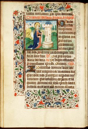 St. Barbara holding a book and a palm, before the tower