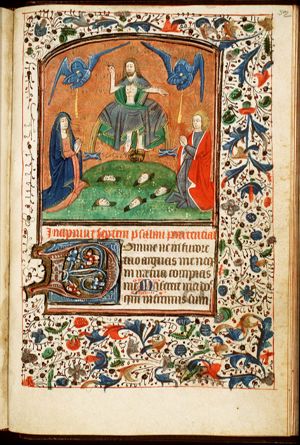 The Last Judgement: Christ on a rainbow raises the dead in the presence of Mary and St. John the Baptist; trumpeting angels