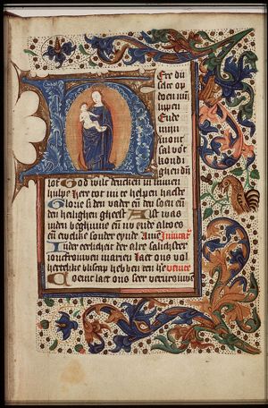 Madonna: Mary <standing> on the crescent, holding the Christ-child