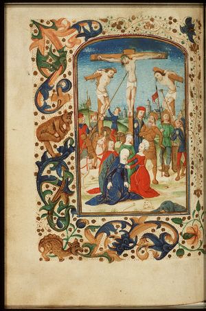 The Crucifixion, with Mary, St. John, St. Mary Magdalene, the two malefactors, the confessing centurion(?), and soldiers; Longinus pierces Christ's side with a lance