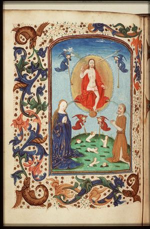 The Last Judgement: Christ on a rainbow raises the dead; trumpeting angels