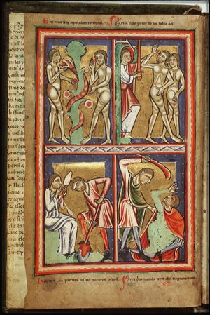 The fall of man: Adam and Eve eat from the Tree of Knowledge of Good and Evil