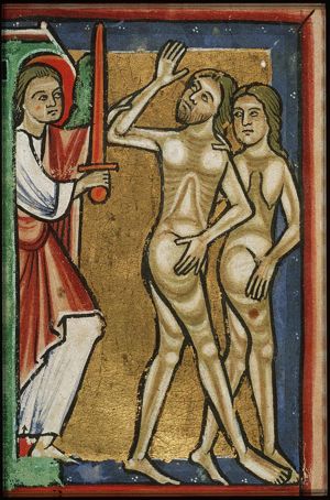 Expulsion of Adam and Eve from paradise by an angel with a (flaming) sword