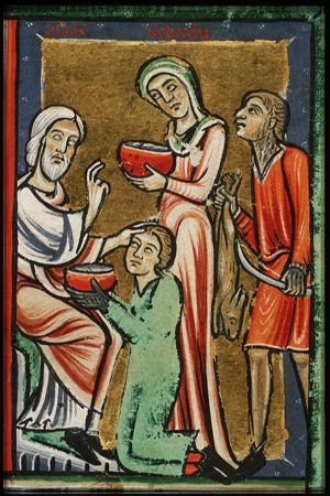 Isaac, sitting, blesses Jacob who, disguised in Esau's clothes, brings food to his father; Rebekah also holds a dish; Esau returns with venison