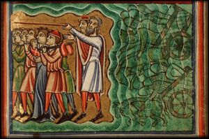 The Israelites cross the Red Sea; Pharaoh's army perishes in the water