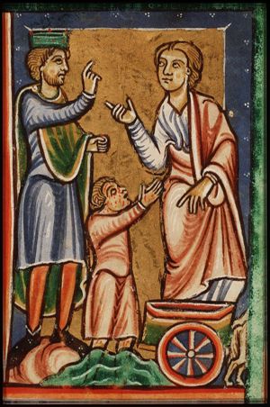 Elisha tells Naaman to wash himself in the Jordan to cure his leprosy