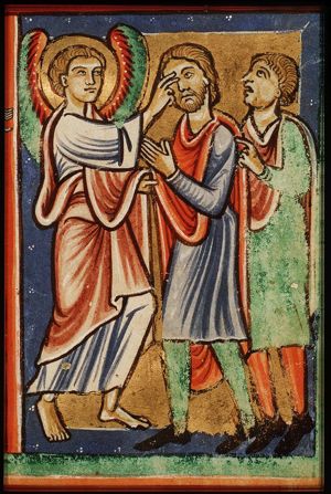The angel Raphael cures Tobit of his blindness in the presence of Tobias
