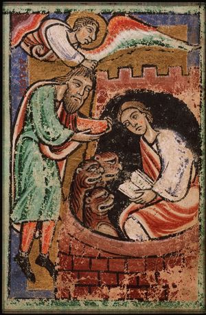 Habakkuk, carried by an angel, brings food to Daniel in the lion's den
