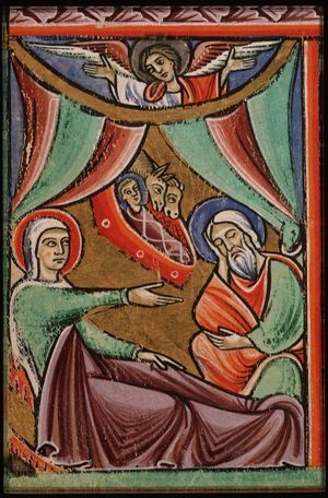 The Nativity: the Christ-child in the manger, Mary lies in bed, St. Joseph sits