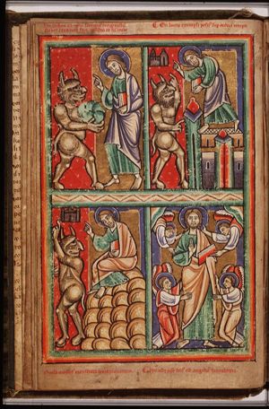The temptation of Christ in the desert: Satan asks Christ to change stones into bread