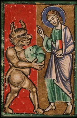 The temptation of Christ in the desert: Satan asks Christ to change stones into bread