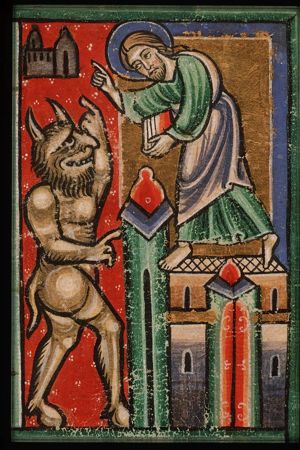 The temptation of Christ in the desert: Satan asks Christ to jump from the temple