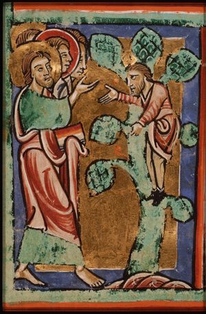 Christ calls on Zacchaeus who sits in a tree