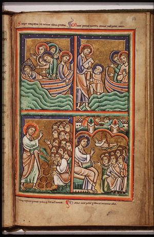 The apostles awake Christ to still the storm on the sea of Galilee