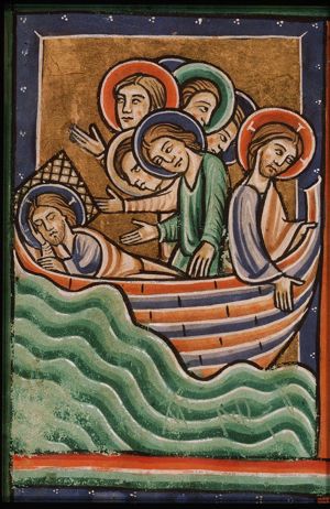 The apostles awake Christ to still the storm on the sea of Galilee