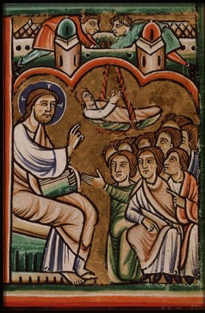 Christ heals a paralytic, who is let down through the roof