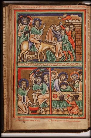 The Entry into Jerusalem: Christ enters the city-gate on an ass