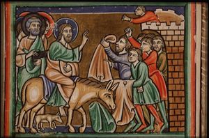 The Entry into Jerusalem: Christ enters the city-gate on an ass