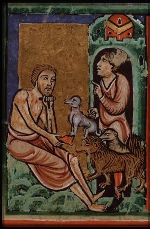 The parable of Dives and poor Lazarus: Lazarus is starving at the gate