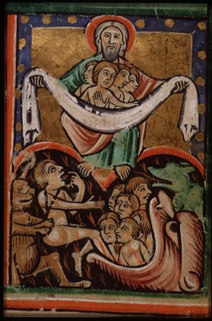 The parable of Dives and poor Lazarus: Lazarus in Abraham's bosom, Dives in hell