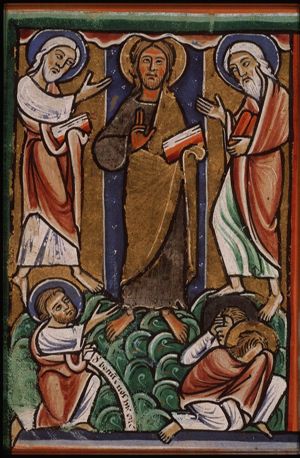The Transfiguration: Christ, Moses and Elijah hover over three apostles