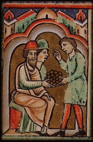 The betrayal of Christ: as a reward Judas receives pieces of silver from the chief priests