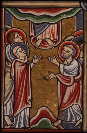 The Ascension: Christ ascends into heaven above Mary and the apostles