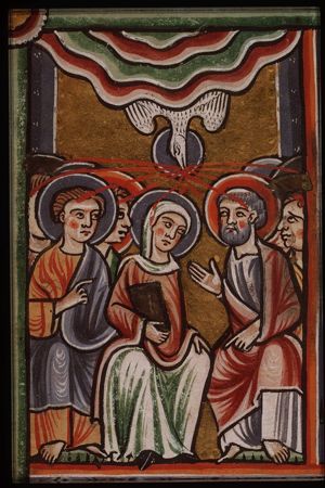 Pentecost: the Holy Spirit descends upon Mary and the apostles
